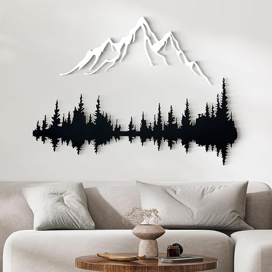 Wita Home Mountain and Forest Metal Wall Art, Wall Mounted Home Decor, Pine Trees and Nature Wall Art for Living Room, Bedroom or Office, Large Outdoor Wall Decor, Nature Christmas Decor (White Mountain-Black Forest, 40x27 inches)