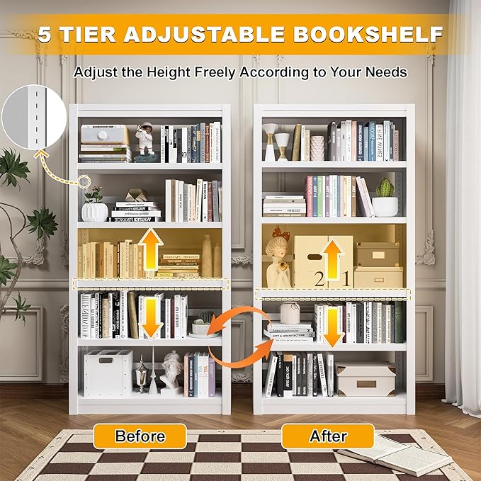 61" H Metal Bookshelf, 5 Tier Adjustable Bookshelf, White Small Bookcase, Bedroom Bookshelfs and Bookcases, Modern Book Shelf for Living Room, Office, Easy Tool-Free Assembly