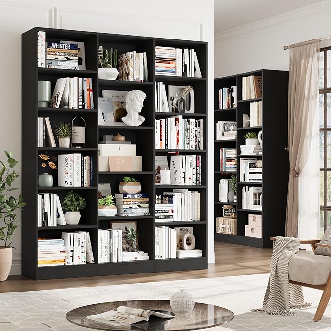 Triple Wide Bookshelf, 6 Tier Large Bookshelf, Bookcase with 17 Open Display Shelves, 74'' Tall Bookcases and Bookshelfs for Living Room, Home Office, Library, Black