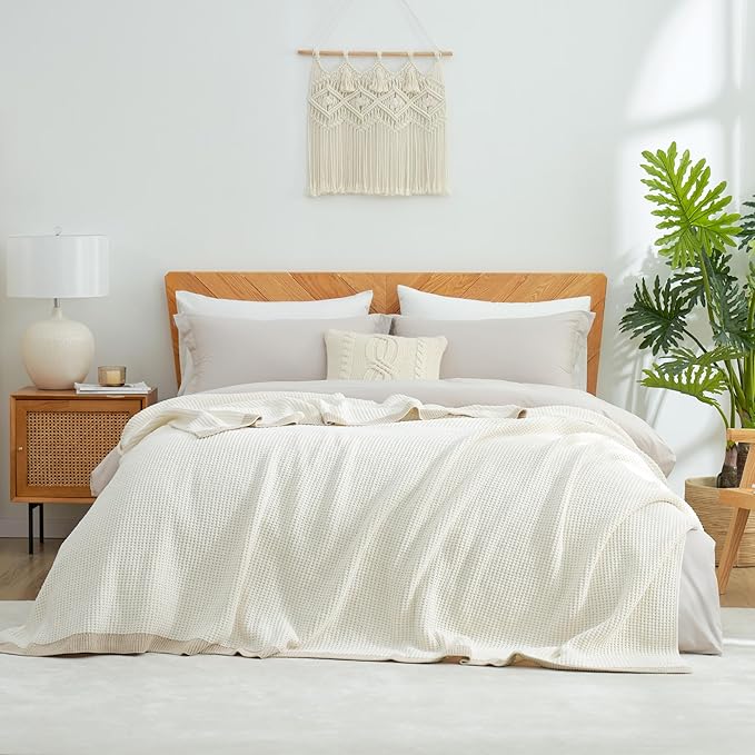 Amélie Home Waffle Blanket Queen Size for Bed, Soft Cozy Chenille Knit Blanket Warm Decorative for Bedroom, 90"x90", Ivory