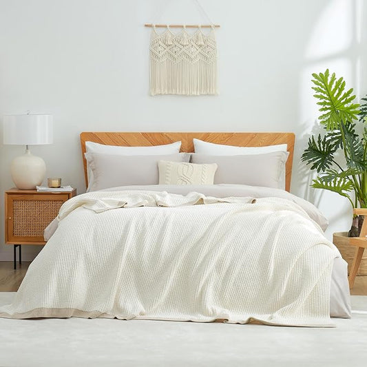 Amélie Home Waffle Blanket Queen Size for Bed, Soft Cozy Chenille Knit Blanket Warm Decorative for Bedroom, 90"x90", Ivory