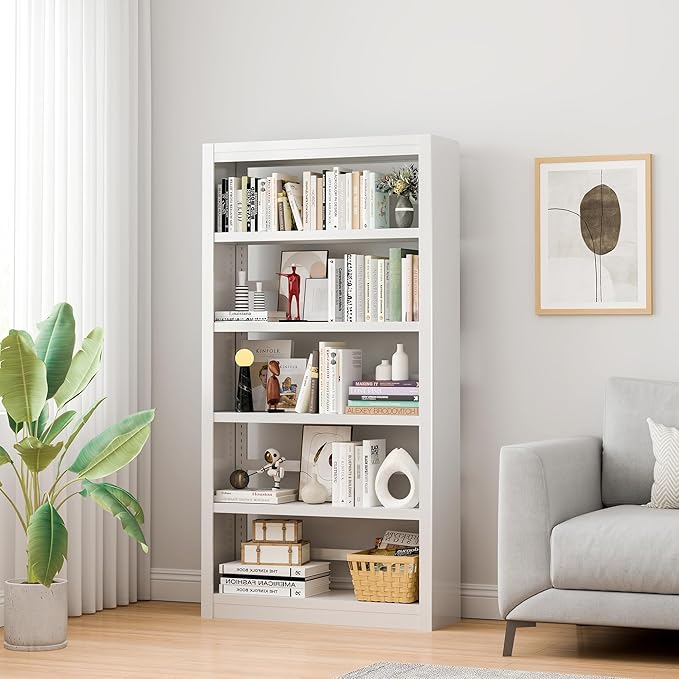 61" H Metal Bookshelf, 5 Tier Adjustable Bookshelf, White Small Bookcase, Bedroom Bookshelfs and Bookcases, Modern Book Shelf for Living Room, Office, Easy Tool-Free Assembly