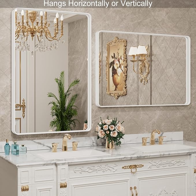 LOAAO 30x36 Inch White Metal Framed Bathroom Mirror for Wall, White Bathroom Vanity Mirror Farmhouse, Large Rounded Rectangle Mirror, Anti-Rust, Tempered Glass, Hangs Horizontally or Vertically