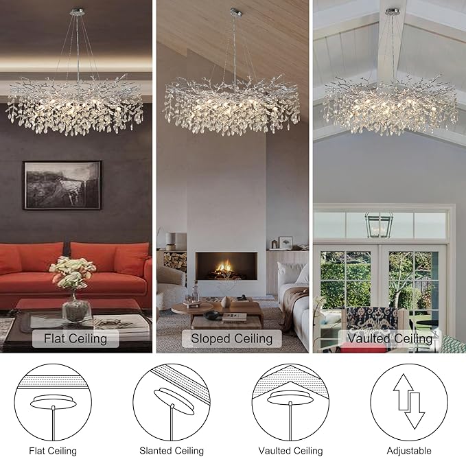 YUYI Modern Crystal Chandelier, 47" Silver Tree Branch Chandelier for Dining Room, 18-Light Round Raindrop Chandeliers for Living Room, Foyer, Entryway, Bedroom, Kitchen, Luxury Top K9 Light Fixture