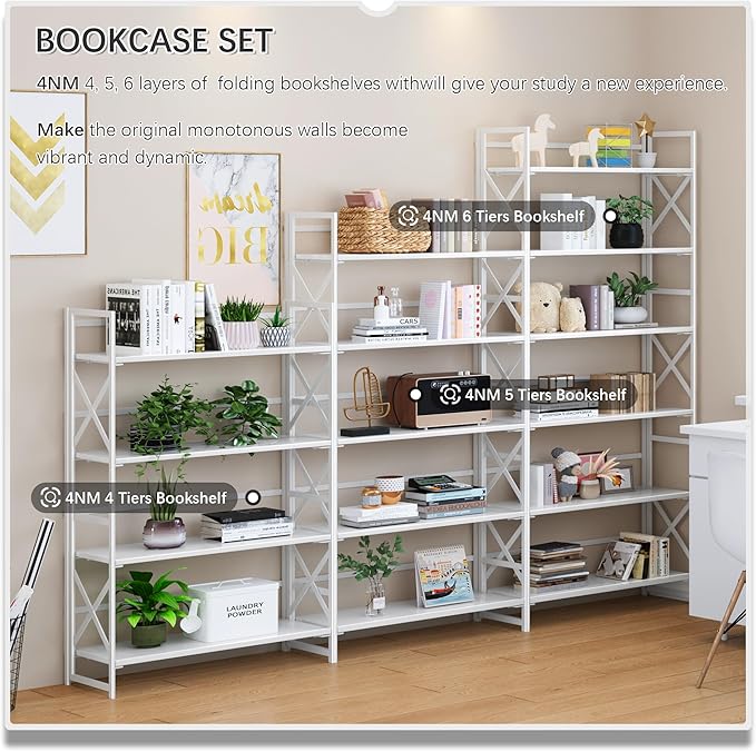 4NM Extra Wide 6 Tiers No Assembly Book Shelves, 61.8" H Folding Bookshelf Bookcase Open Industrial Foldable Shelves for Bedroom, Living Room, Home Office - All White