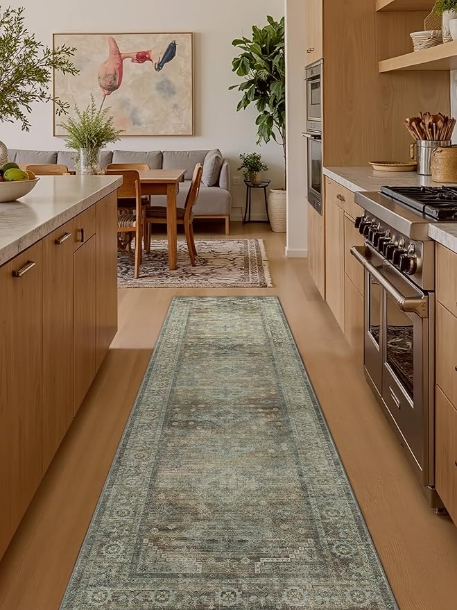 Runner Rug for Hallway Kitchen, 2x8 Machine Washable Runners Rug for Entryway, Soft Modern Boho Throw Rugs, Low Pile Floor Cover with Non Slip Backing, Distressed Light Grayish Sage Green