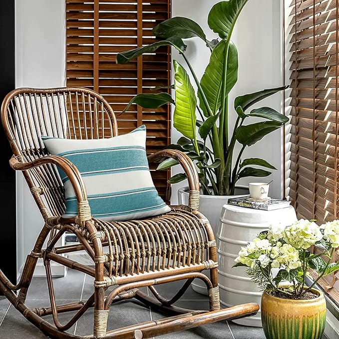 AmHoo Pack of 2 Farmhouse Linen Throw Pillow Cover Cushion Stripe Decoration Buffalo Retro Pillowcase with Hidden Zipper for Sofa Bedroom Car 22 x 22 Inch Teal