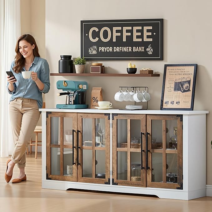 AMERLIFE Farmhouse 63" Buffet Sideboard Cabinet with Glass Door, Large Storage Cabinet with Adjustable Shelf, Wooden Coffee Bar Station for Kitchen, Dinning Room, White