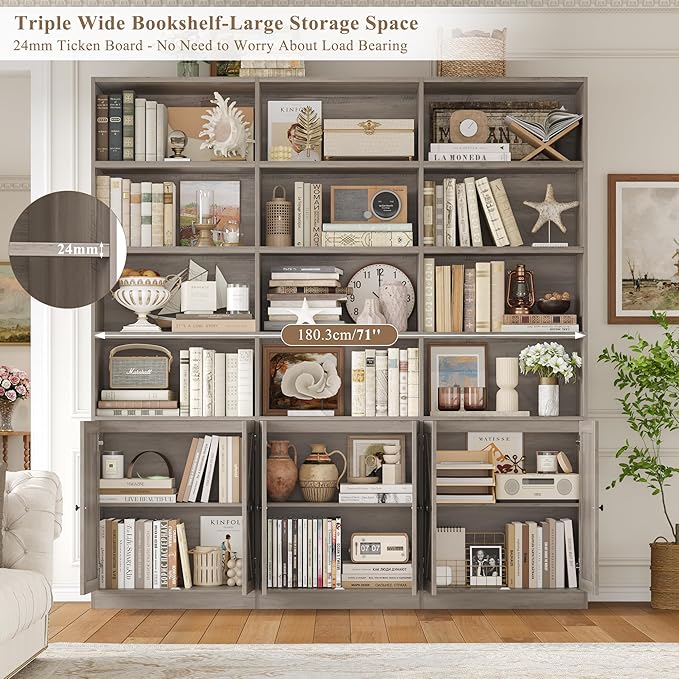 75" Triple Wide Bookshelf, Bookshelf and Bookcase with 6 Farmhouse Doors, 71" Wide 6 Tier Book Shelf with 18 Storage Shelves, Large Wooden Bookshelfs, Tall Bookcase for Home Office, Gray