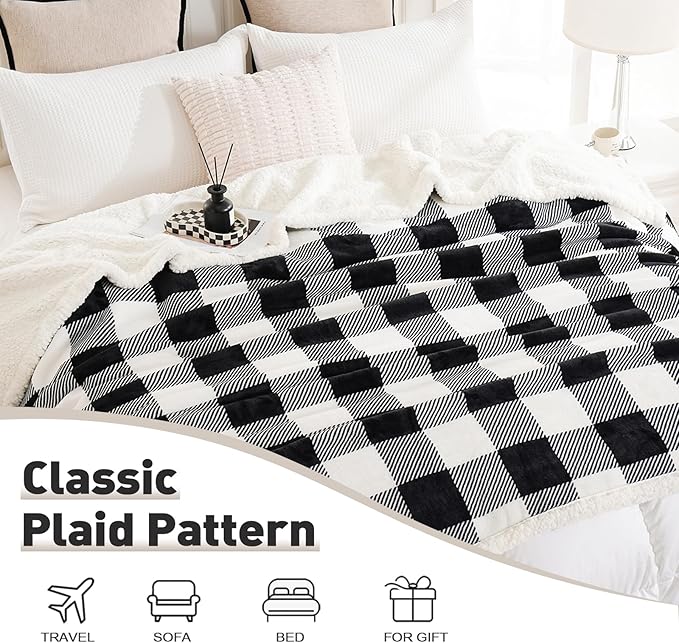 PU MEI Sherpa Fleece Throw Blanket 80" x 90" Reversible Plush Fluffy Large Big Blanket Lattice Flannel Blankets for All Season Use, Black and White