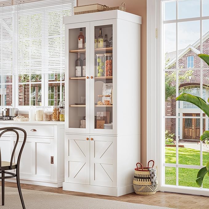 Vyre 71" Tall Farmhouse Kitchen Pantry, Set of 4 Large Storage Cabinets with Glass Doors, Adjustable Shelves, Wood Versatile Hutch Cabinet for Living Room, Dining Room, White