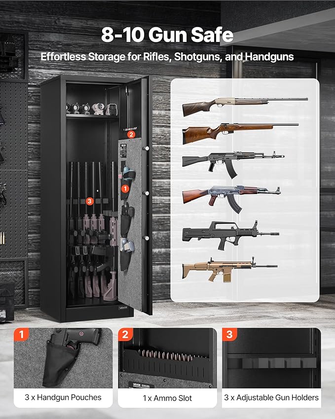VEVOR 8-10 Gun Safe, Long Gun Cabinet for Rifles and Pistols, Quick Access Fireproof Rifle Safe with 3 Pistol Pockets and Adjustable Racks, Large Digital Cabinet with Fingerprint and Password Lock