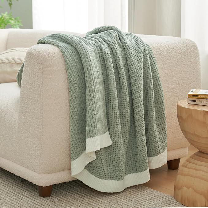 Amélie Home Waffle Throw Blanket for Couch, Soft Cozy Chenille Knit Blanket Warm Decorative Throw for Sofa, 50"x60", Sage Green