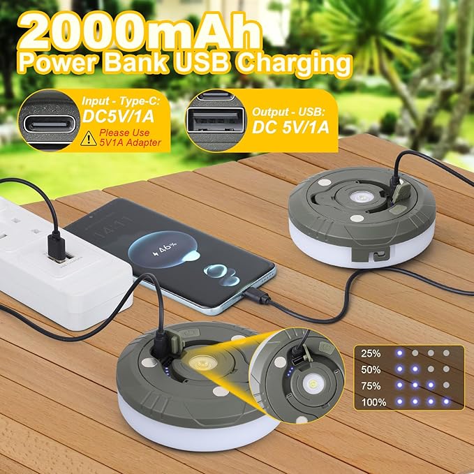 Camping String Lights, Outdoor String Lights with 8 Lighting Modes, Rechargeable String Light Camping 2 in 1, Waterproof Portable Stowable USB Camping Lights for Camping, Yard, Party Decor 32.8 ft