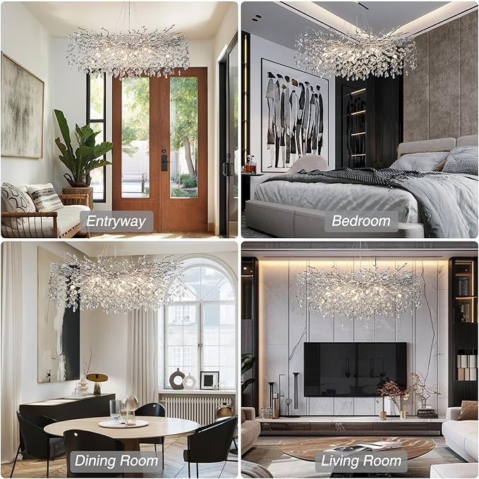 YUYI Modern Crystal Chandelier, 47" Silver Tree Branch Chandelier for Dining Room, 18-Light Round Raindrop Chandeliers for Living Room, Foyer, Entryway, Bedroom, Kitchen, Luxury Top K9 Light Fixture