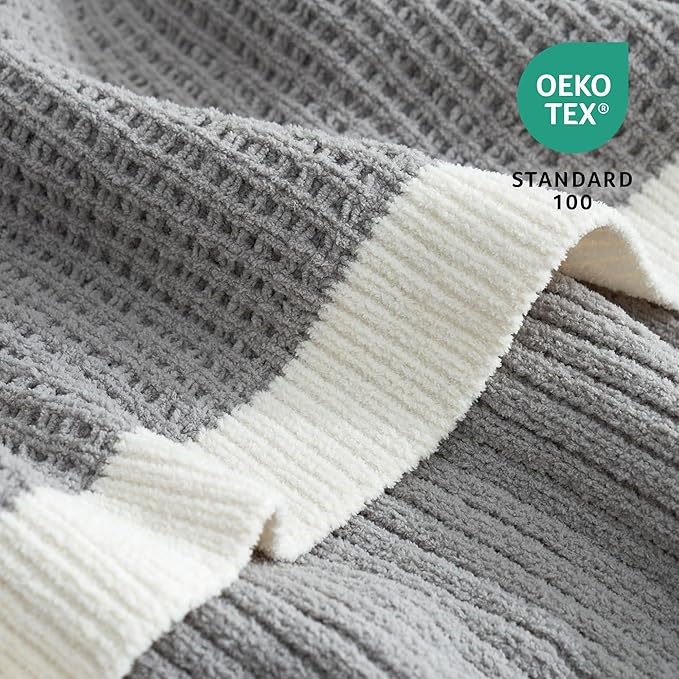 Amélie Home Waffle Throw Blanket for Couch, Soft Cozy Chenille Knit Blanket Warm Decorative Throw for Sofa, 50"x60", Grey