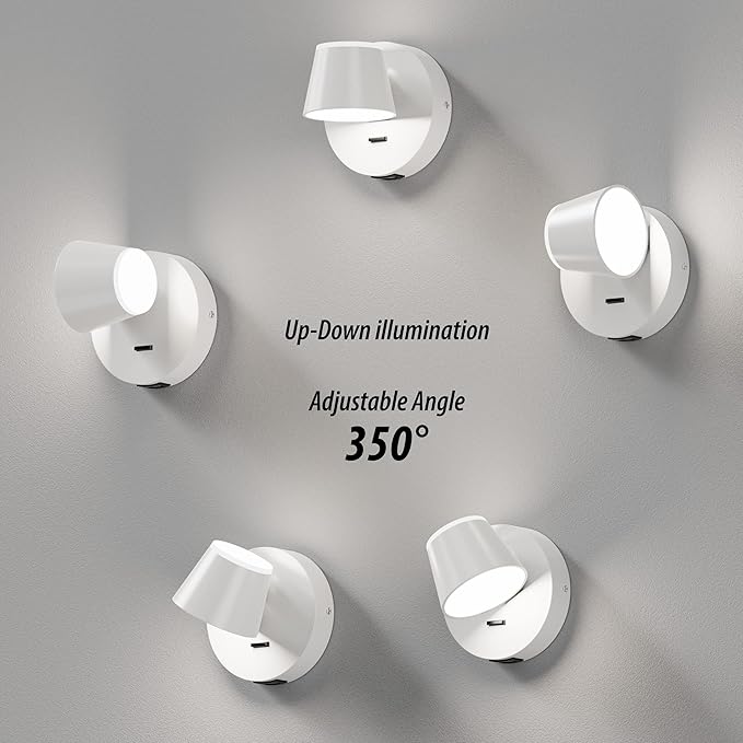 URSOLA Wall Light Set of Two, LED Wall Sconce with On/Off Switch USB Charging Port 110 Volt Hardwired Wall Lamp 350 Rotatable Up Down Sconces Wall Lighting (White)