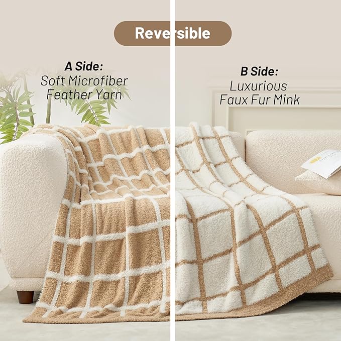 Amélie Home Checkered Knit Throw Blanket for Couch, Bicolour Super Soft Cozy Fuzzy Plush Throws for Sofa, 50" x 60", Plaid Beige
