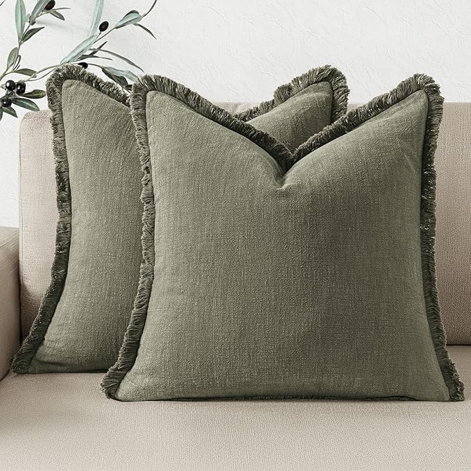 Woaboy Set of 2 Decorative Linen Fringe Throw Pillow Covers Boho Farmhouse Cushion Covers Accent Pillowcases with Tassels Christmas Home Decor for Livingroom Couch Sofa Bed,22x22 Inch,Olive Green