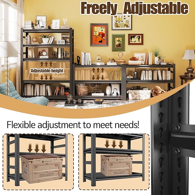 Book Shelf 5-Tier Adjustable Heavy Duty Metal Wide Book Shelves Modern Tall Bookshelf Storage Shelving Organizer for Living Room, Bedroom, Home, Office, Black (72" ​​H*23" D*47" W)