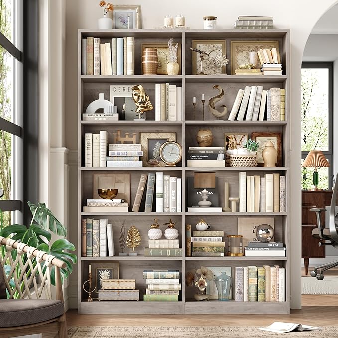 Bookshelf and Bookcase, 6-Tier Double Wide Bookshelfs, Freestanding Display Storage Shelves, Tall Bookcases for Home Decor Bedroom, Living Room, Home Office, Wash Gray