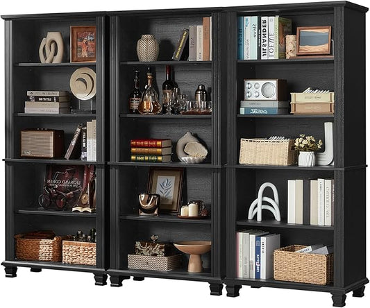 70" Tall Black Bookshelf,5 Tier Wooden Book Shelf with Adjustable Shelves &amp; Wood Legs,Free Standing Farmhouse Bookcase with Open Display Storage,Vintage Bookshelfs for Living Room, 3PCS