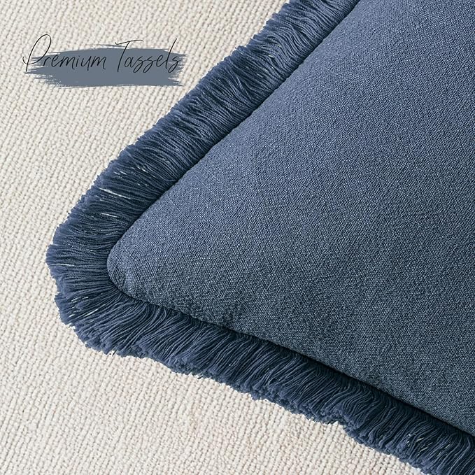 Woaboy Set of 2 Decorative Linen Fringe Throw Pillow Covers Boho Farmhouse Cushion Covers Accent Pillowcases with Tassels for Living Room Couch Sofa Bed Chair,22x22 Inch,Blue