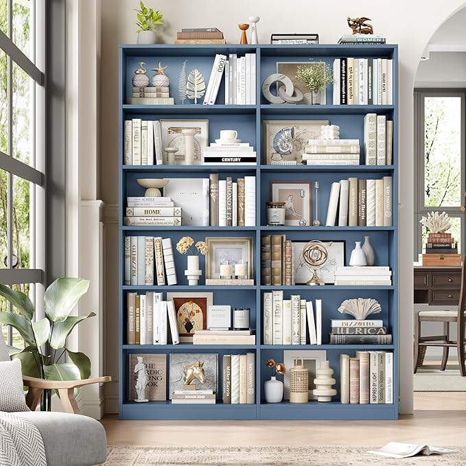 Bookshelf and Bookcase, 6-Tier Double Wide Bookshelfs, Freestanding Display Storage Shelves, Tall Bookcases for Home Decor Bedroom, Living Room, Home Office, Blue