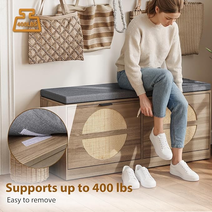 Rattan Storage Bench with Cushion &amp; Coat Rack, Shoe Rack with 2 Flip Drawers, Narrow Shoe Storage Cabinet, Shoe Bench for Entryway, Living Room, Rustic Oak, Round