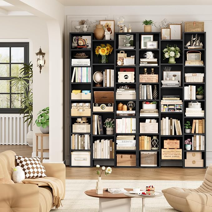 FOTOSOK 71'' Tall Bookshelf, Triple Wide Black Bookshelf with Adjustable Shelves, 8 Tier Media CD DVD Storage Tower Rack, Diaplay Cabinet Shelf, Cube Storage Organizer Shelf for Home Office, Black