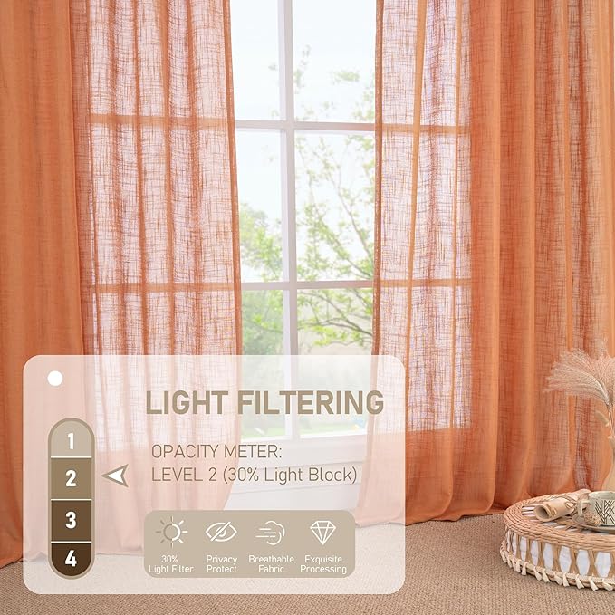 LAMIT Sheer Linen Curtains 63 Inch for Bedroom, Light Filtering Country Decor Semi Sheer Farmhouse Boho Curtains Bronze Grommet Living Room Panels, Burnt Orange, 2 Panels, 52 x 63 Inch