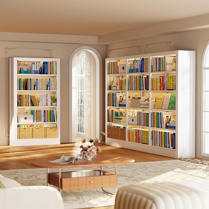 Bookshelf, 5-Tier Metal Sturdy Bookcase,71" H Tall White Bookcase with Adjustable Shelves, Heavy Duty Storage Bookshelfs and Bookcases for Living Room, Library, Home Office(White, 108.6" W)