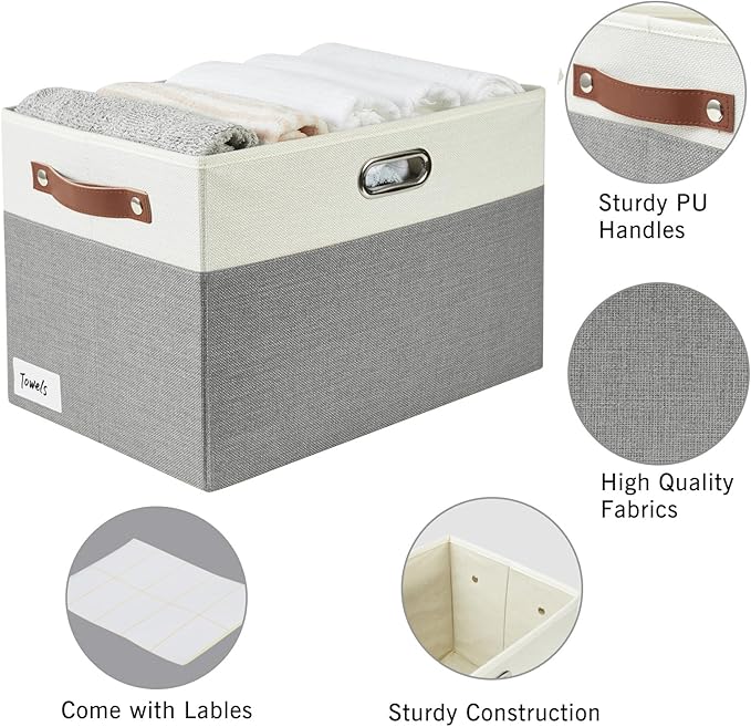 Large Collapsible Fabric Storage Bins with 3 Handles, Foldable Organizer Baskets for Closet, Shelves, Living Room | 3 Pack, Durable PU &amp; Metal Handles (17"x11.8"x11.8", Gray &amp; White)