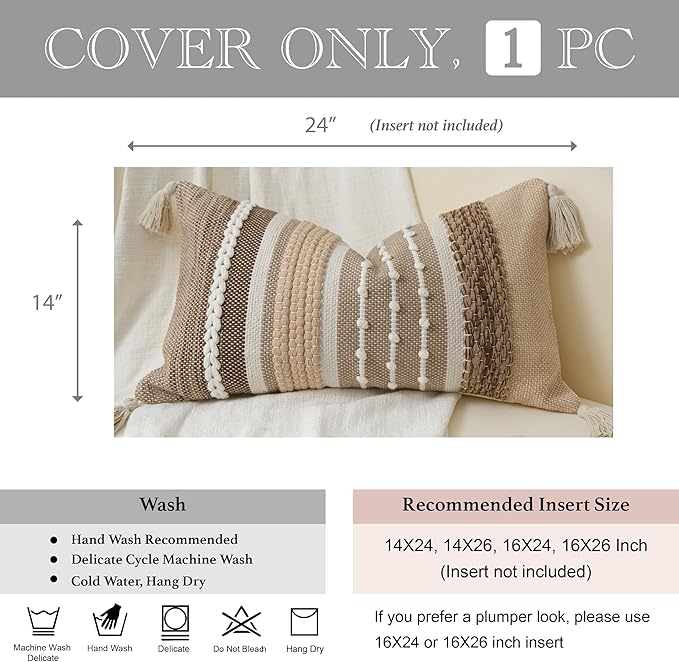 Fall Decorative Lumbar Throw Pillow Cover 14x24 Boho Brown Accent Cushion for Couch Sofa Farmhouse Pillowcase for Bedroom Living Room Home Décor Cover ONLY