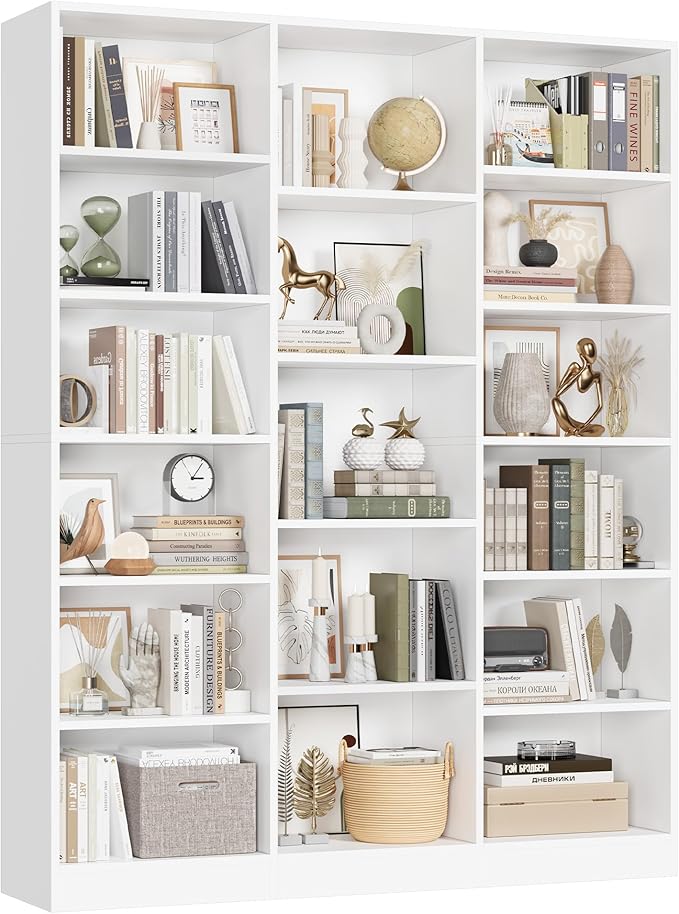 Triple Wide Bookshelf, 6 Tier Large Bookshelf, Bookcase with 17 Open Display Shelves, 74'' Tall Bookcases and Bookshelfs for Living Room, Home Office, Library, White