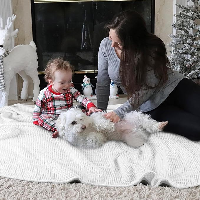 Tex Trend White Waffle Blankets – 100% Cotton Blankets Queen Size – Breathable and Soft for Summer Spring – Suitable for Bed Layering, Sofa and Couch (90”x90”)