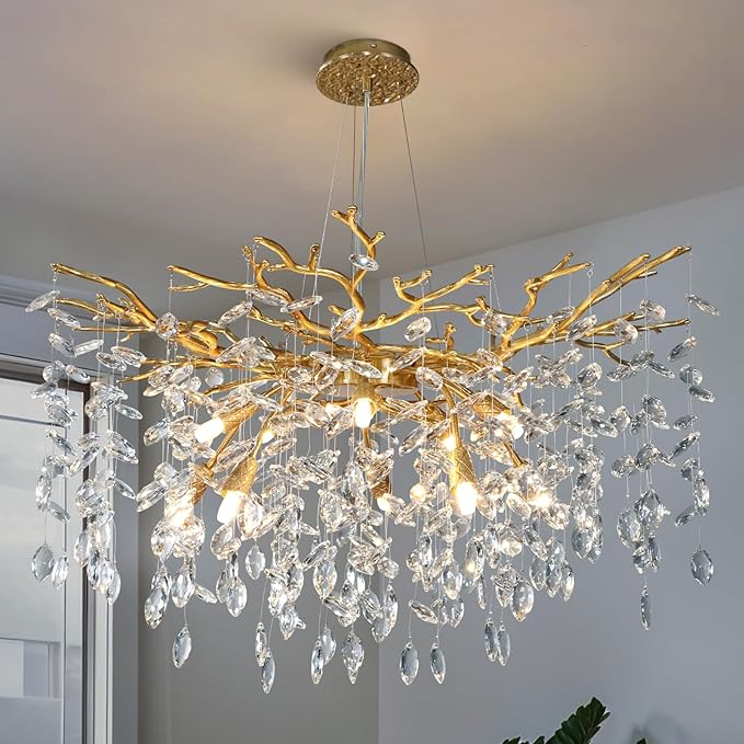 YUYI Modern Crystal Chandelier, 30" Gold Tree Branch Chandelier, 10-Light Round Chandeliers for Dining Room, Living Room, Kitchen, Foyer, Entryway, Bedroom, Luxury K9 Crystal Raindrop Light Fixture