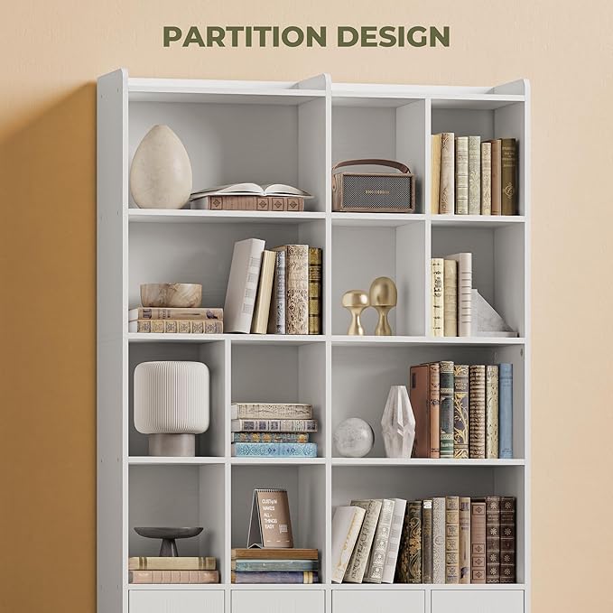 IRONCK Bookshelfs and Bookcase, 6 Tiers Large Bookshelf with 4 Doors, Floor Standing Tall Display Storage Shelves for Home Office, Living Room, Bedroom, White