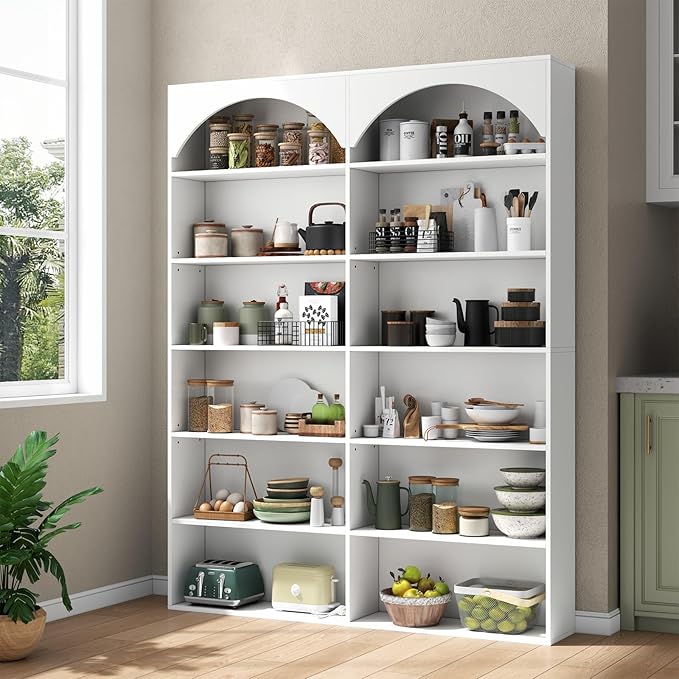 70.8'' Tall Bookshelf and Bookcase, 7-Tier Double Wide Bookcase Modern Large Open Display Shelves with Curved Baffle for Home Office Living Room (White)