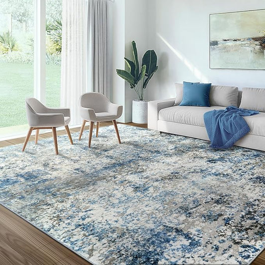 Washable Area Rug for Living Room: 8x10 Modern Abstract Neutral Soft Rug for Bedroom Dining Room No Slip Low Pile Carpet for Nursery Home Office - Gray/Blue