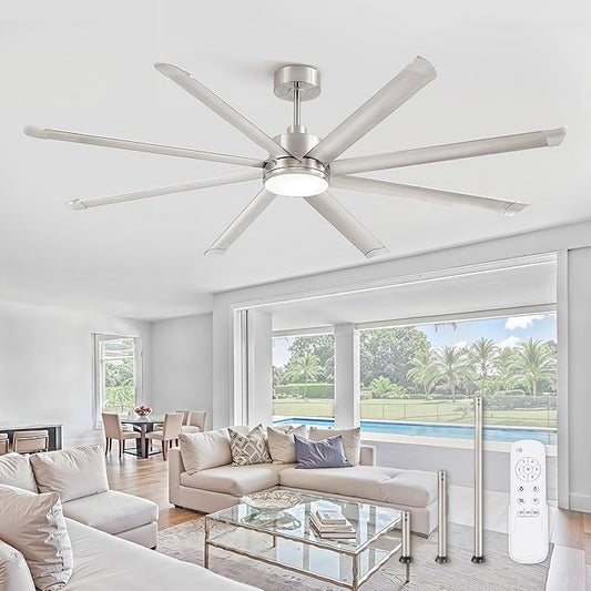 ZMISHIBO 84 Inch Ceiling Fans with Lights, Indoor/Outdoor Industrial Ceiling Fan with 8 Aluminum Reversible Blade, Quiet DC Motor, 3CCT & 6-Speed Remote Control, Damp Rated for Living Room/Garage/Shop