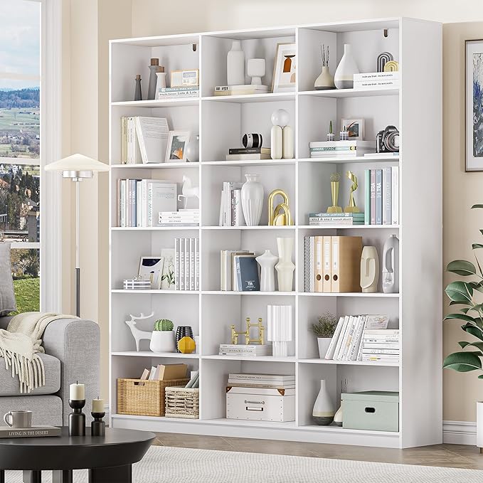 White Bookcase with 18 Display Shelves, Triple Column Book Case, 2PC 6 Tier Large Bookshelf, Freestanding Storage Shelf for Bedroom Living Room Home Office