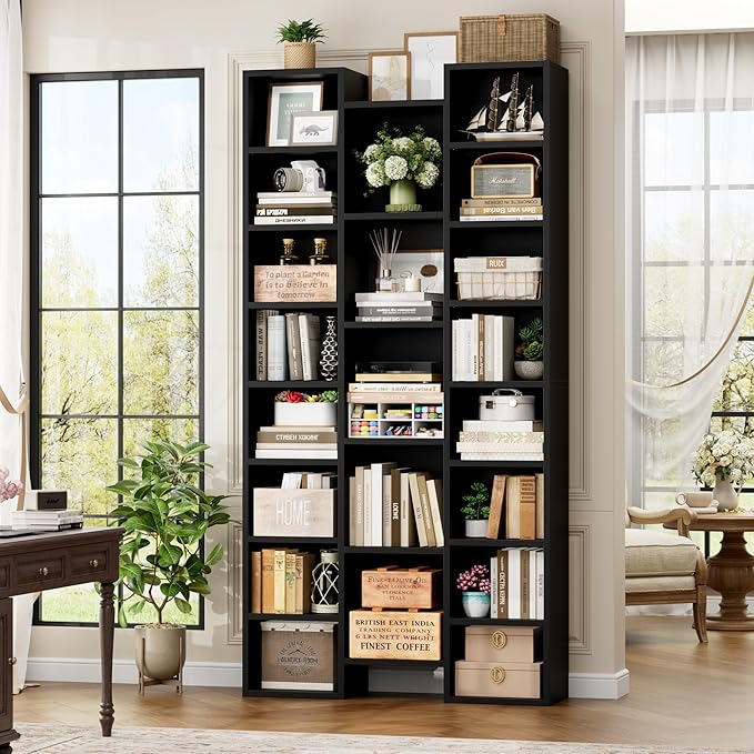 FOTOSOK 71'' Tall Bookshelf, Triple Wide Black Bookshelf with Adjustable Shelves, 8 Tier Media CD DVD Storage Tower Rack, Diaplay Cabinet Shelf, Cube Storage Organizer Shelf for Home Office, Black