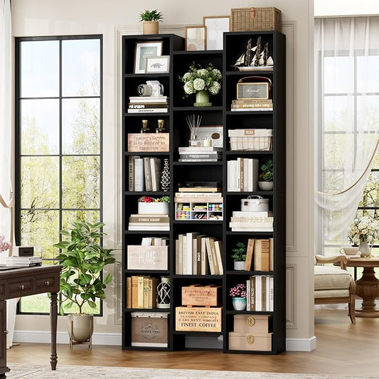 FOTOSOK 71'' Tall Bookshelf, Triple Wide Black Bookshelf with Adjustable Shelves, 8 Tier Media CD DVD Storage Tower Rack, Diaplay Cabinet Shelf, Cube Storage Organizer Shelf for Home Office, Black