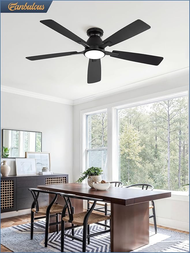 52 inch Ceiling Fans with Lights, Smart Flush Mount Ceiling Fan and Remote APP, Modern Low Profile, 3CCT 20W LED with 6-Speeds Quiet Reversible Motor for Bedroom, Living Room, Kitchen, Black