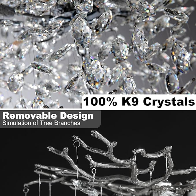 YUYI Modern Crystal Chandelier, 47" Silver Tree Branch Chandelier for Dining Room, 18-Light Round Raindrop Chandeliers for Living Room, Foyer, Entryway, Bedroom, Kitchen, Luxury Top K9 Light Fixture