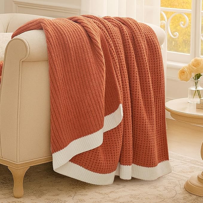 Amélie Home Waffle Throw Blanket for Couch, Soft Cozy Chenille Knit Blanket Warm Decorative Throw for Sofa, 50"x60", Burnt Orange