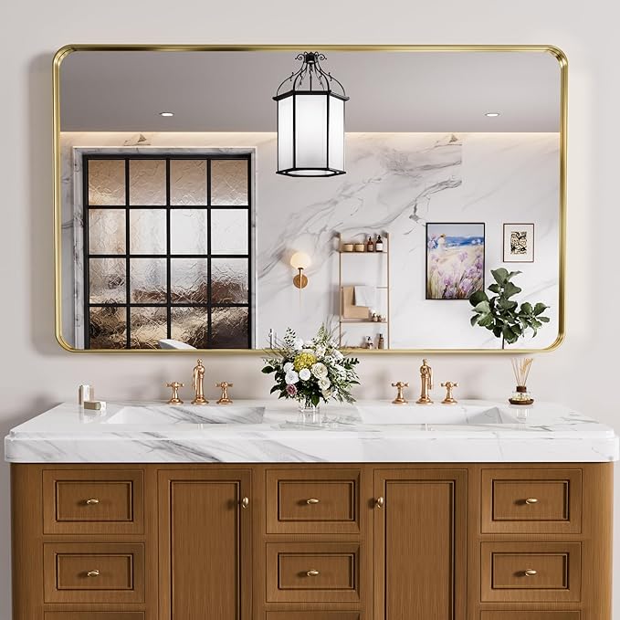 Gold Bathroom Mirror, 50x30 Inch Brushed Gold Metal Frame Mirror for Wall, Rounded Rectangle Bathroom Vanity Mirror, Tempered Glass, Anti-Rust, Horizontal/Vertical