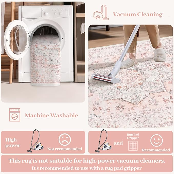 LIVEBOX Washable Runner 2x6 - Oriental Floral Kitchen Rug, Long Entryway, Low-Pile Vintage for Bedroom, Non-Skid Soft Carpet Throw for Bathroom Laundry Room Hallway Pink