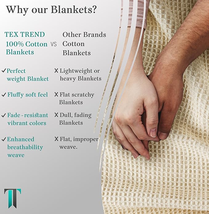 Tex Trend Ivory Waffle Blanket – 100% Cotton Blankets Queen Size – Breathable and Soft for Summer Spring – Suitable for Bed Layering, Sofa – Ivory (90”x90”)